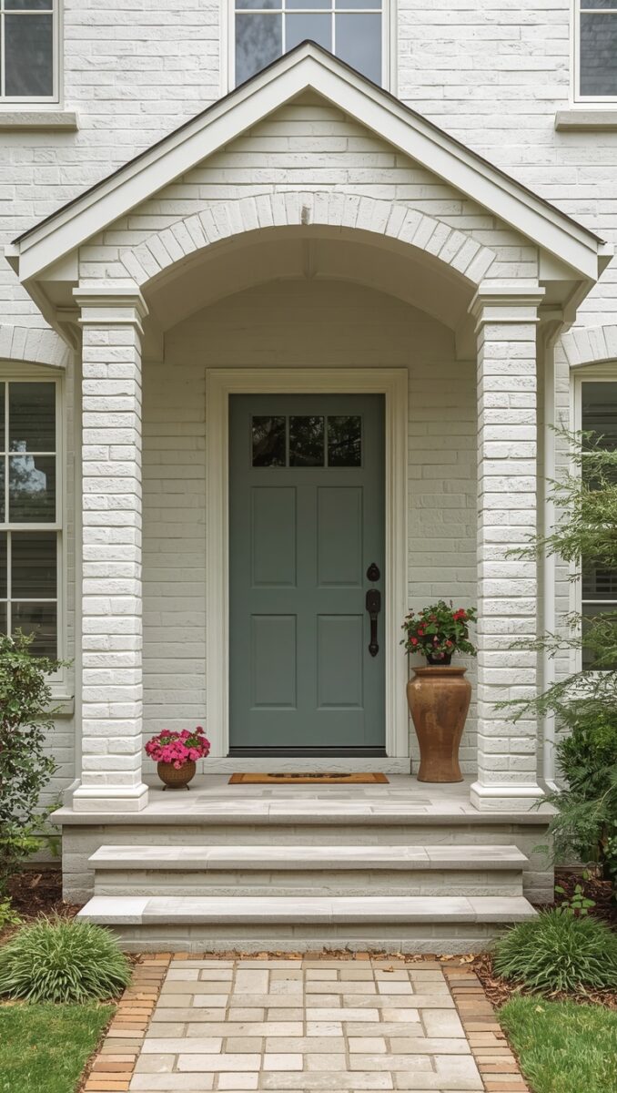 White painted brick home exterior with sage green front door, arched portico, brick columns, and decorative planters on stone steps