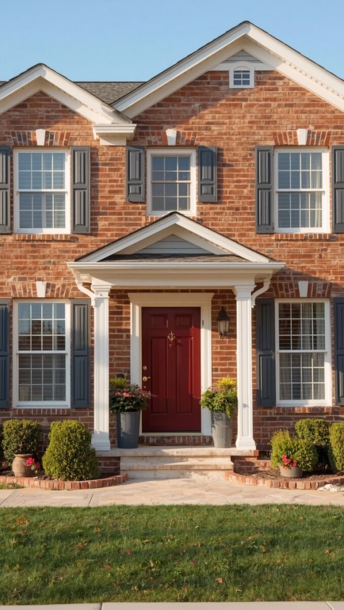 Two-story red brick colonial home with dark shutters, red front door, white columns, and manicured landscaping