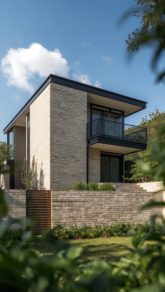 Modern two-story brick house with flat roof, black-framed balcony, and landscaped garden under blue sky