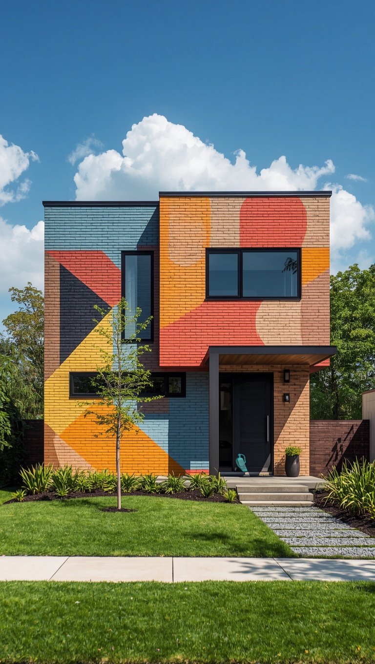 Modern two-story brick house with bold geometric mural in red, orange, yellow, and blue on exterior facade