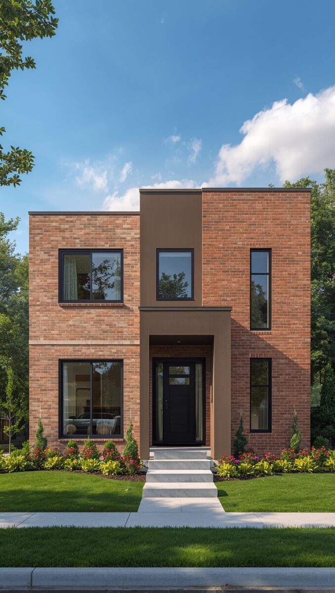 Modern two-story brick home with black window frames, flat roof, and manicured landscaping on sunny day