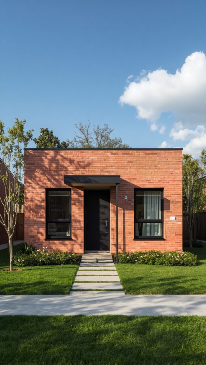 Modern single-story red brick house with black-framed windows, dark front door, and manicured lawn with stepping stone path
