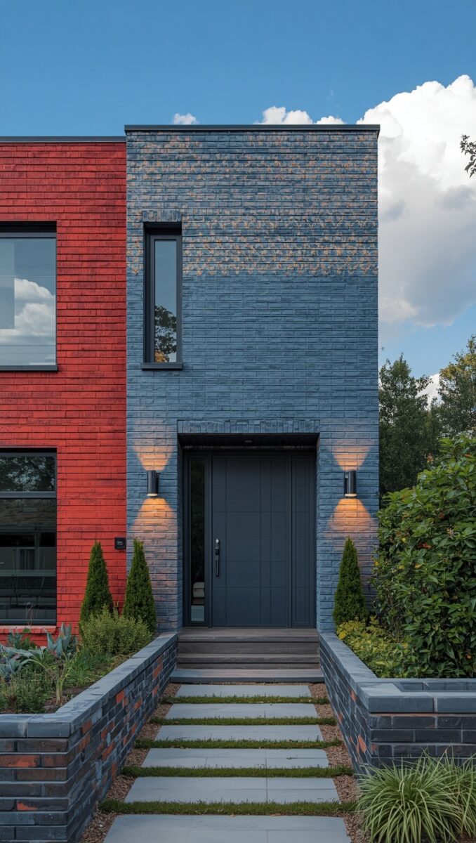 Modern two-tone brick home exterior with dark gray entry tower, red brick side, flanking wall sconces, and stone pathway