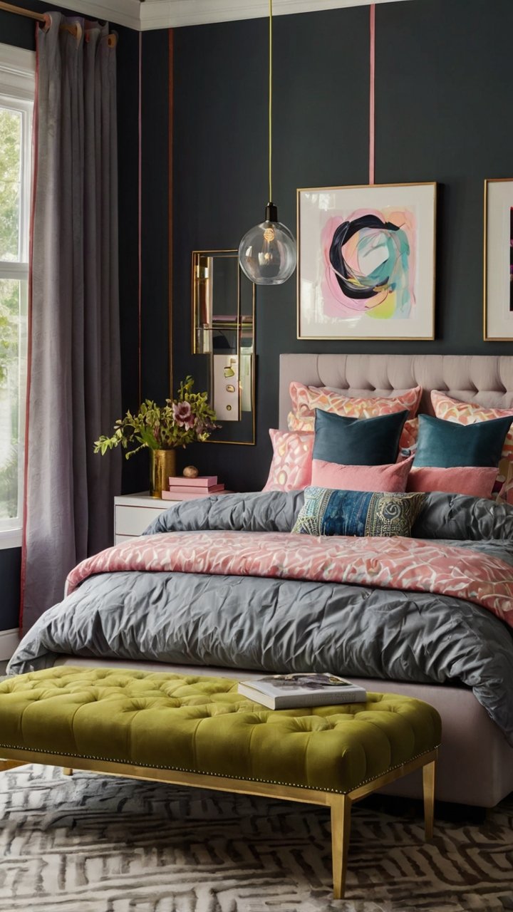 Luxurious dark-walled bedroom with pink and gray bedding, tufted olive bench, pendant light, and colorful abstract art