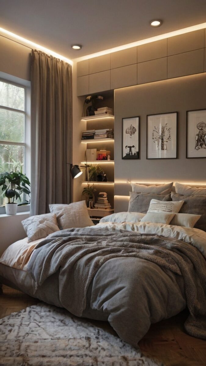 Modern cozy bedroom with LED lighting, built-in shelves, framed wall art, and layered gray bedding