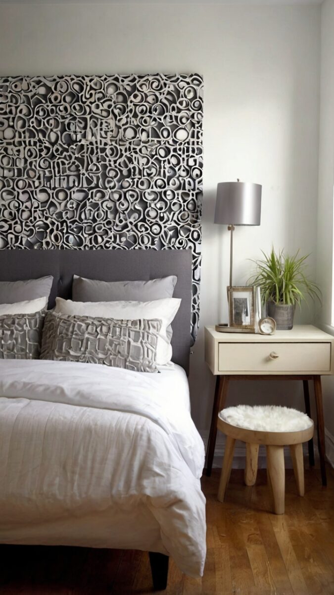 Modern bedroom with gray upholstered headboard, white bedding, textured wall art, and mid-century nightstand