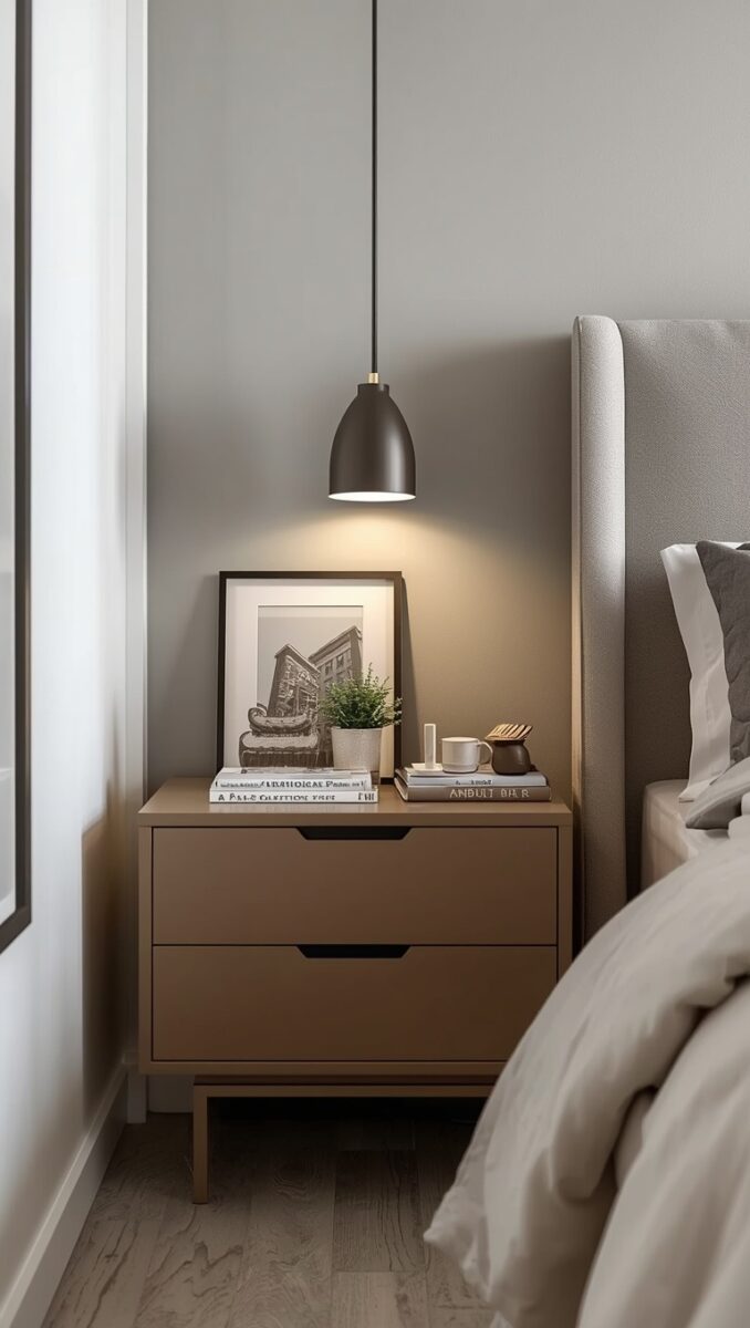 Modern brown two-drawer nightstand with pendant light, books, small plant, framed art, and mug in a minimalist bedroom