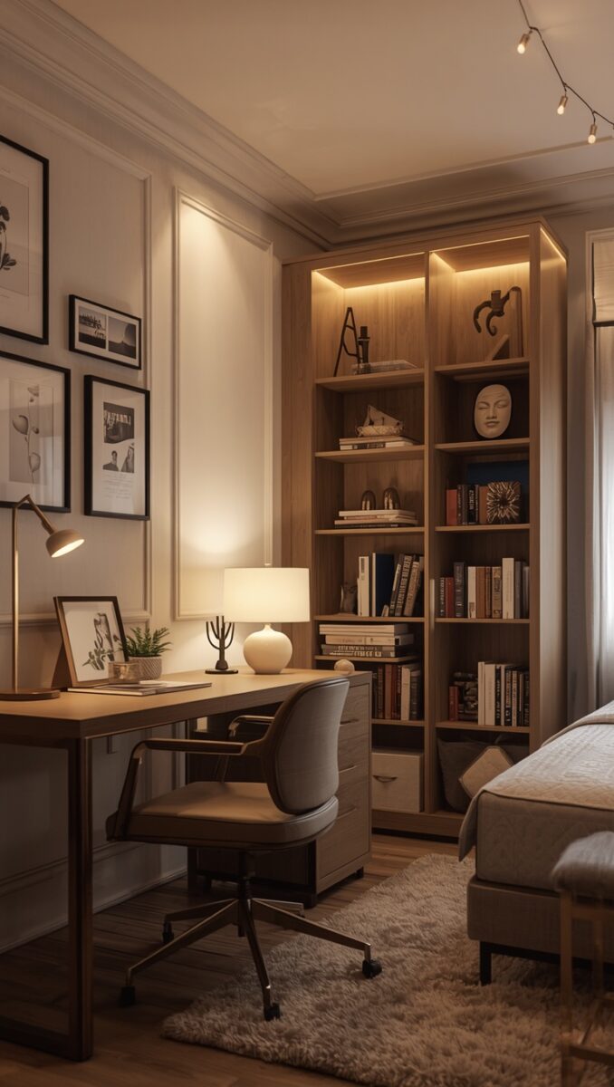 Cozy home office nook with wooden desk, bookshelf, warm lamps, framed art, and plush rug in neutral tones