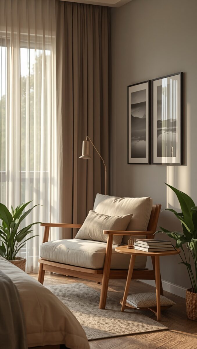 Cozy bedroom reading nook with wooden armchair, cream cushions, side table with books, floor lamp, and sheer curtains