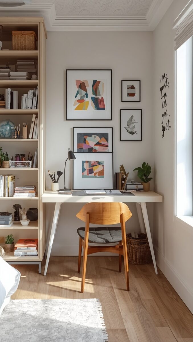 Scandinavian-style home office nook with white desk, wooden chair, tall bookshelf, and abstract art gallery wall