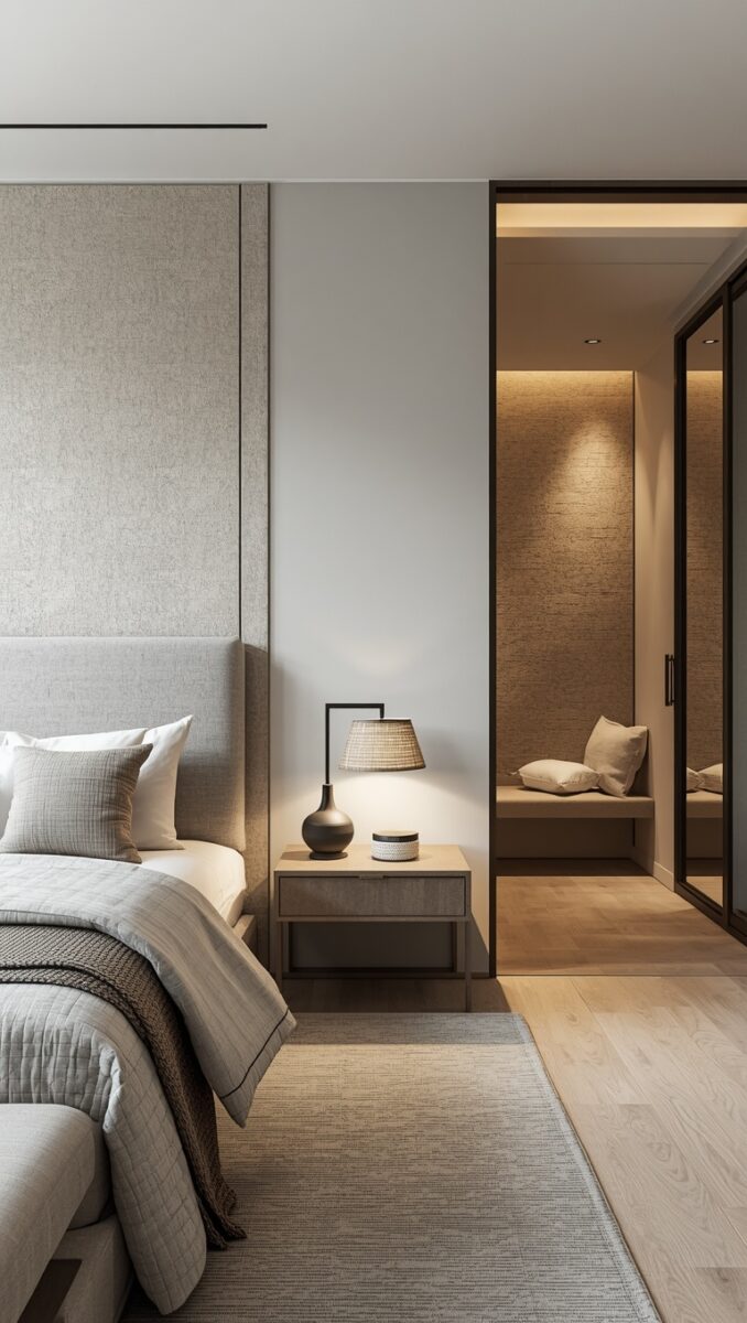 Modern minimalist bedroom with upholstered headboard, wooden nightstand, rattan lamp, and adjoining sitting area