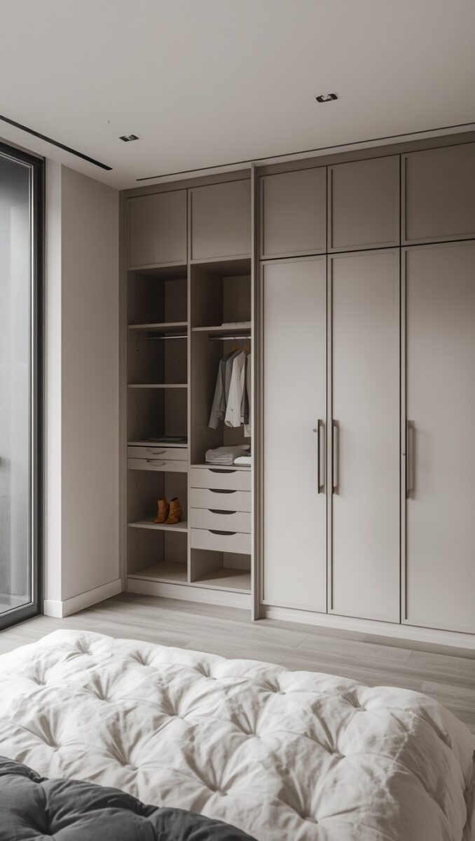 Modern built-in wardrobe with open shelving, hanging clothes, drawers, and closed cabinet doors in a minimalist bedroom