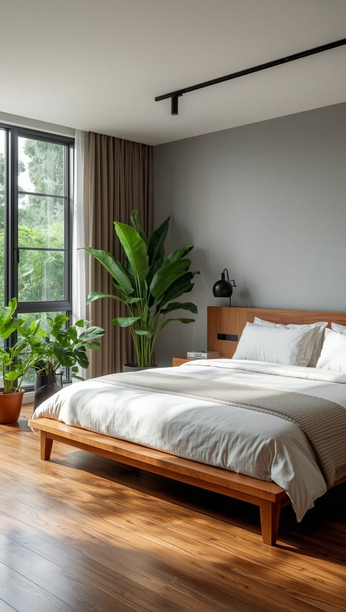 Modern minimalist bedroom with wooden bed frame, white bedding, indoor plants, and large window overlooking greenery