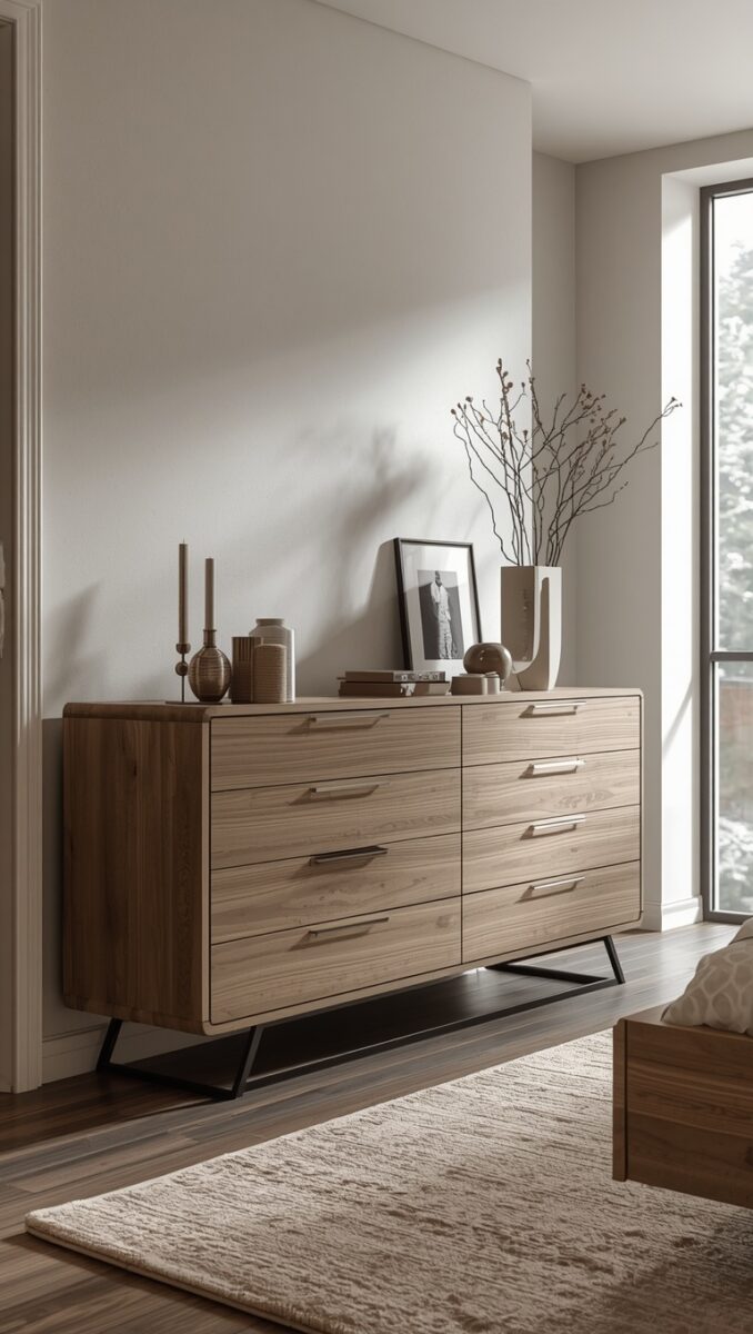 Modern walnut wood 8-drawer dresser with black metal legs styled with dried branches, candles, and framed art