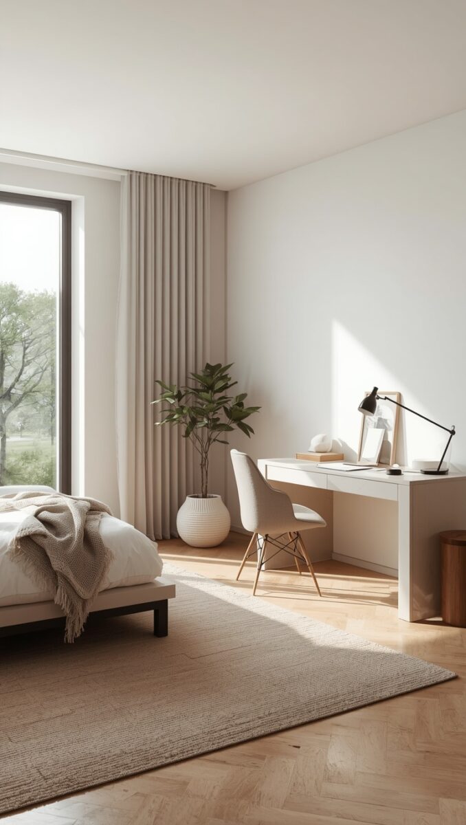 Minimalist bedroom with white desk, Eames chair, potted plant, large window, herringbone wood floor, and neutral tones