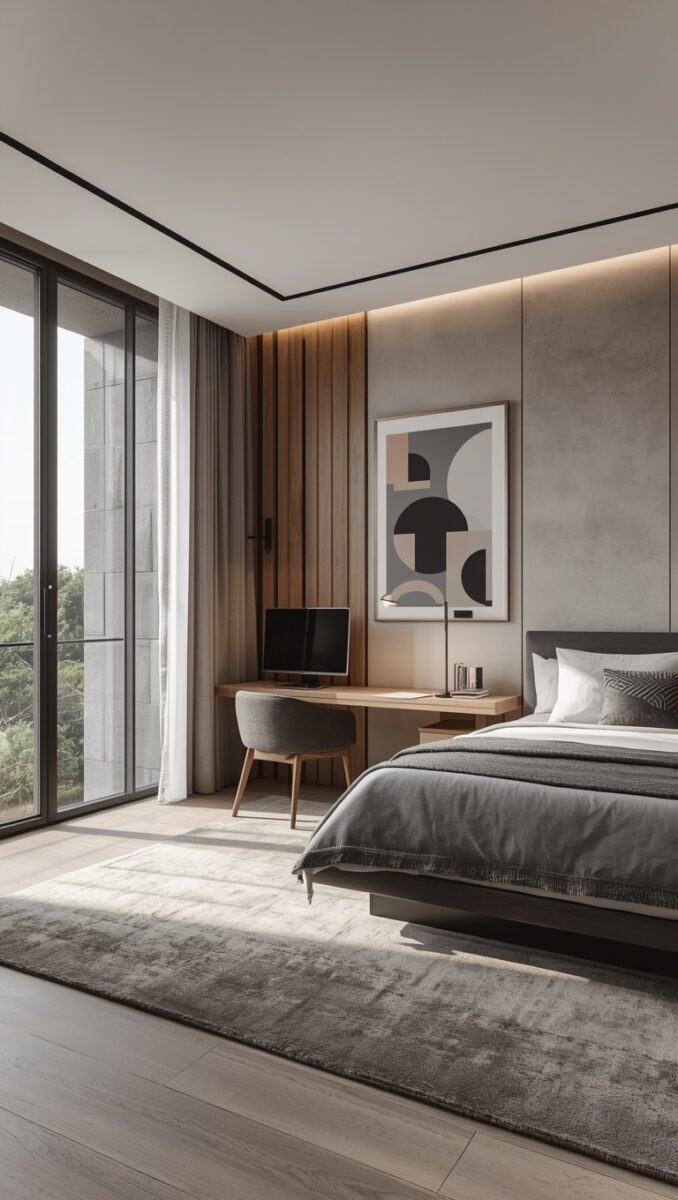 Modern minimalist bedroom with gray bedding, wooden desk, floor-to-ceiling windows, and abstract geometric wall art