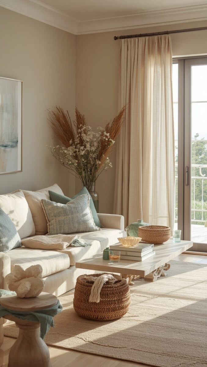 Bright coastal living room with cream sofa, teal pillows, wicker baskets, wooden coffee table, and sheer curtains