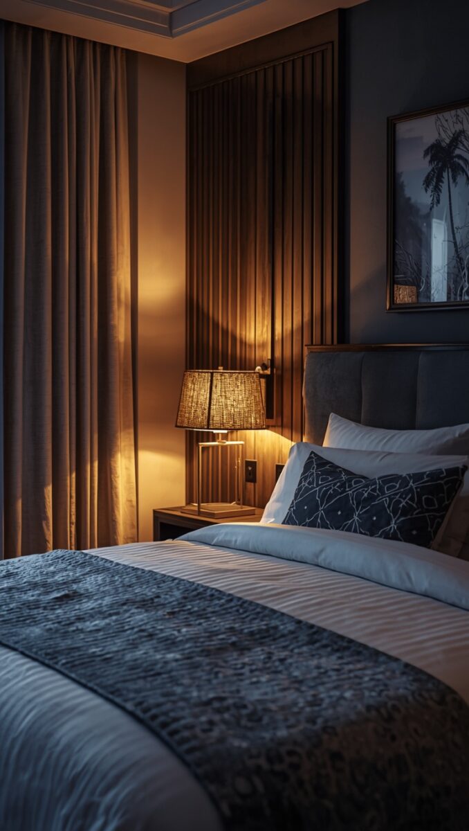 Luxurious hotel bedroom with warm bedside lamp, navy blue bedding, upholstered headboard, and elegant curtains at night