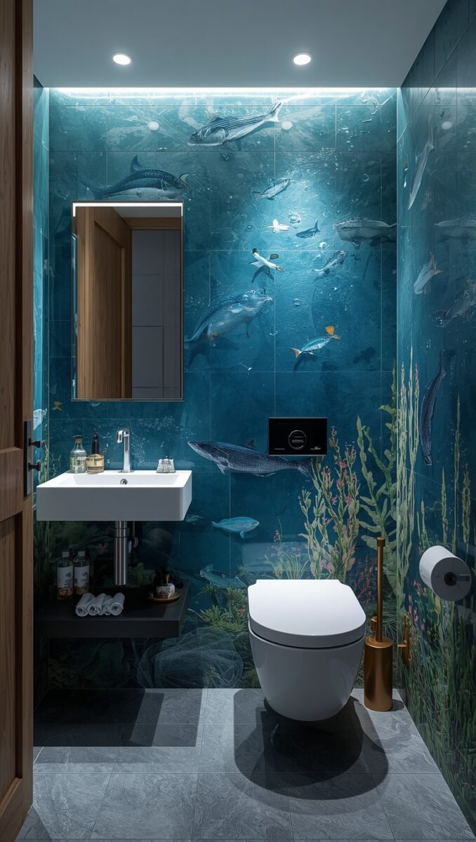 Modern bathroom with immersive underwater ocean-themed wall tiles featuring sharks, whales, fish, and coral reef designs