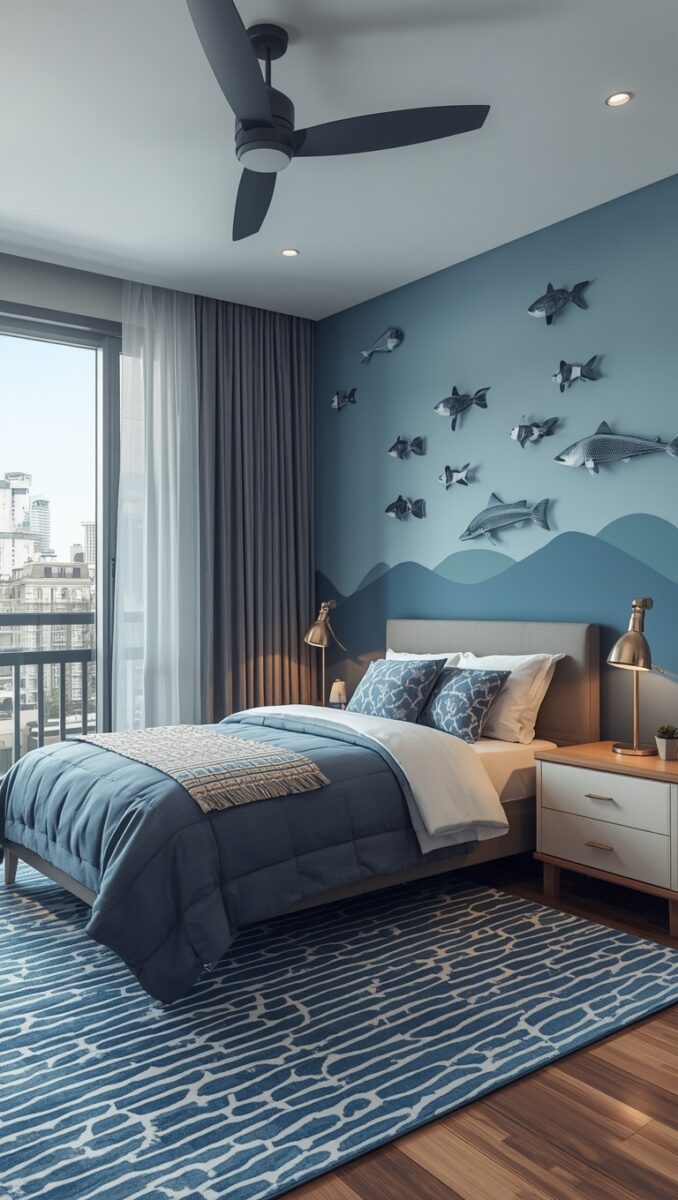Ocean-themed bedroom with 3D fish wall art on blue walls, navy bedding, patterned rug, and city balcony view