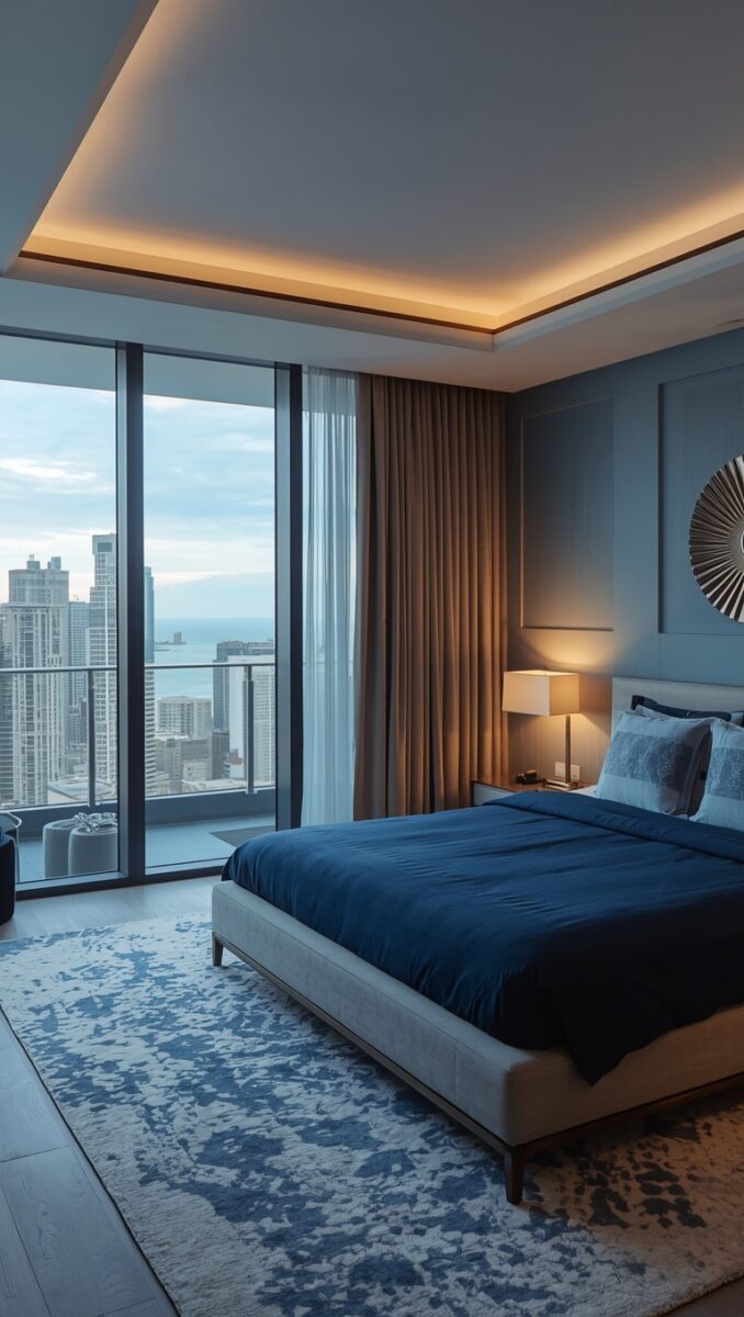 Luxury high-rise bedroom with navy blue bedding, floor-to-ceiling windows, and city skyline view at dusk