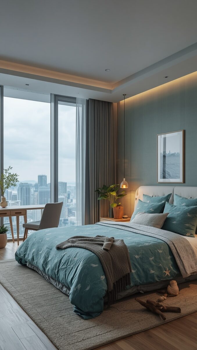 Modern high-rise bedroom with teal ocean-themed bedding, pendant light, and floor-to-ceiling city view windows