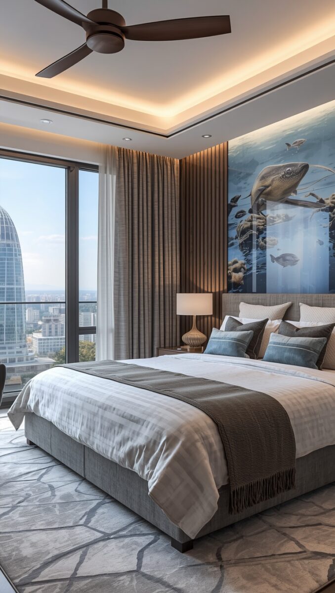 Luxury modern bedroom with king bed, underwater mural accent wall, floor-to-ceiling city view windows, and ceiling fan