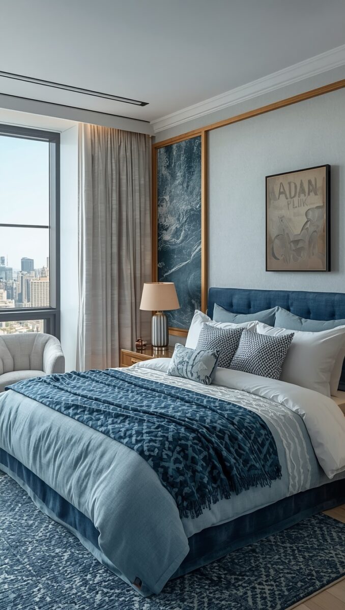 Luxury modern bedroom with navy blue tufted headboard, layered blue bedding, city skyline view, and abstract wall art
