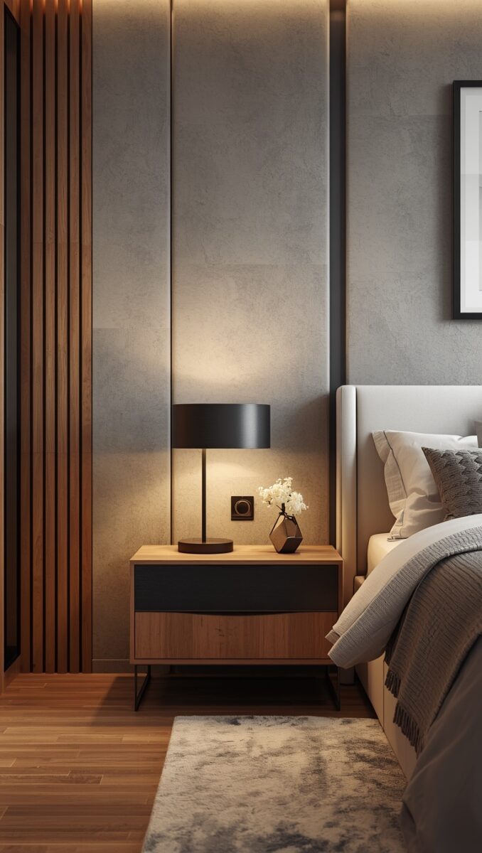 Modern bedroom nightstand with wooden design, black lamp, small floral vase, beside upholstered bed with gray pillows