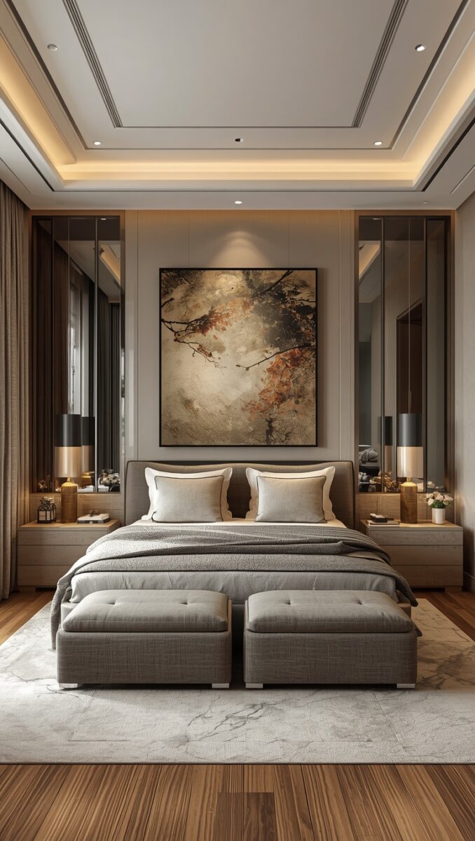 Luxury modern bedroom with king bed, gray ottomans, large abstract wall art, and mirrored wardrobes