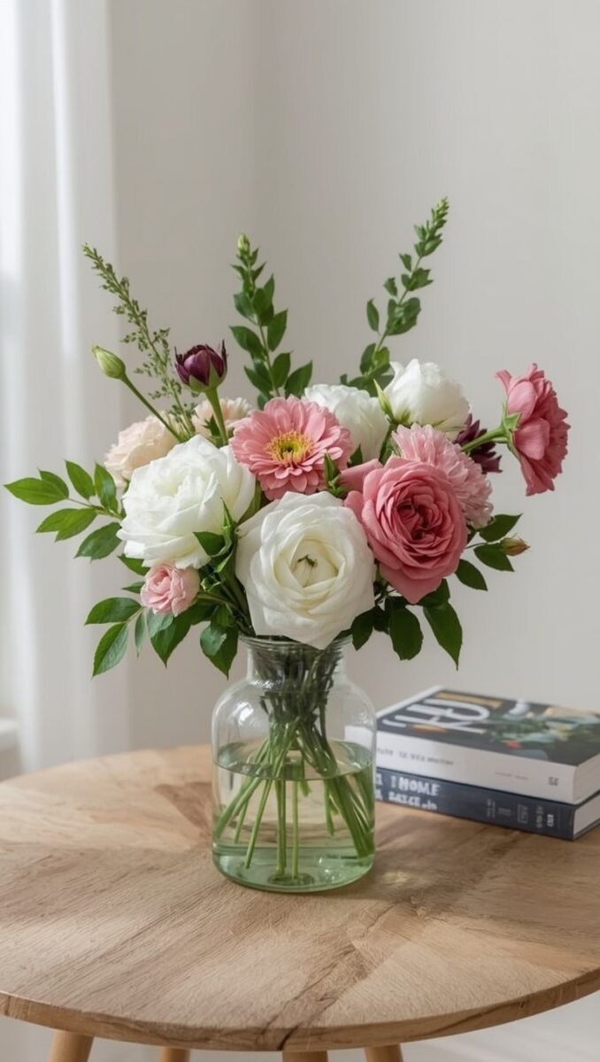 Pink and white rose bouquet with gerbera daisies in a clear glass vase on a wooden side table