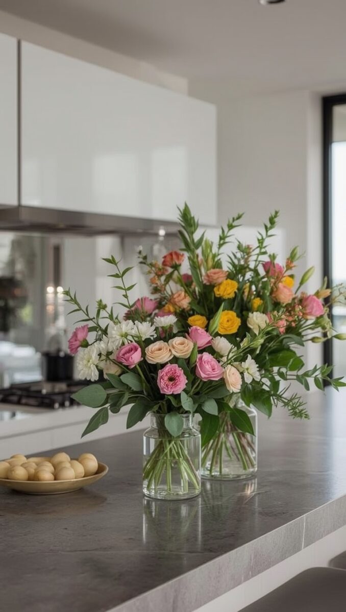 Two glass vases with colorful mixed flower bouquets on a modern gray kitchen island countertop