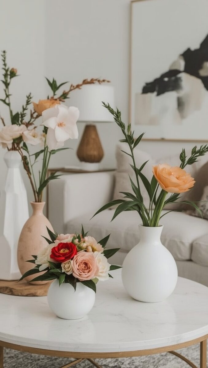 Multiple white ceramic vases with pink, red, and peach flowers arranged on a marble coffee table in a modern living room