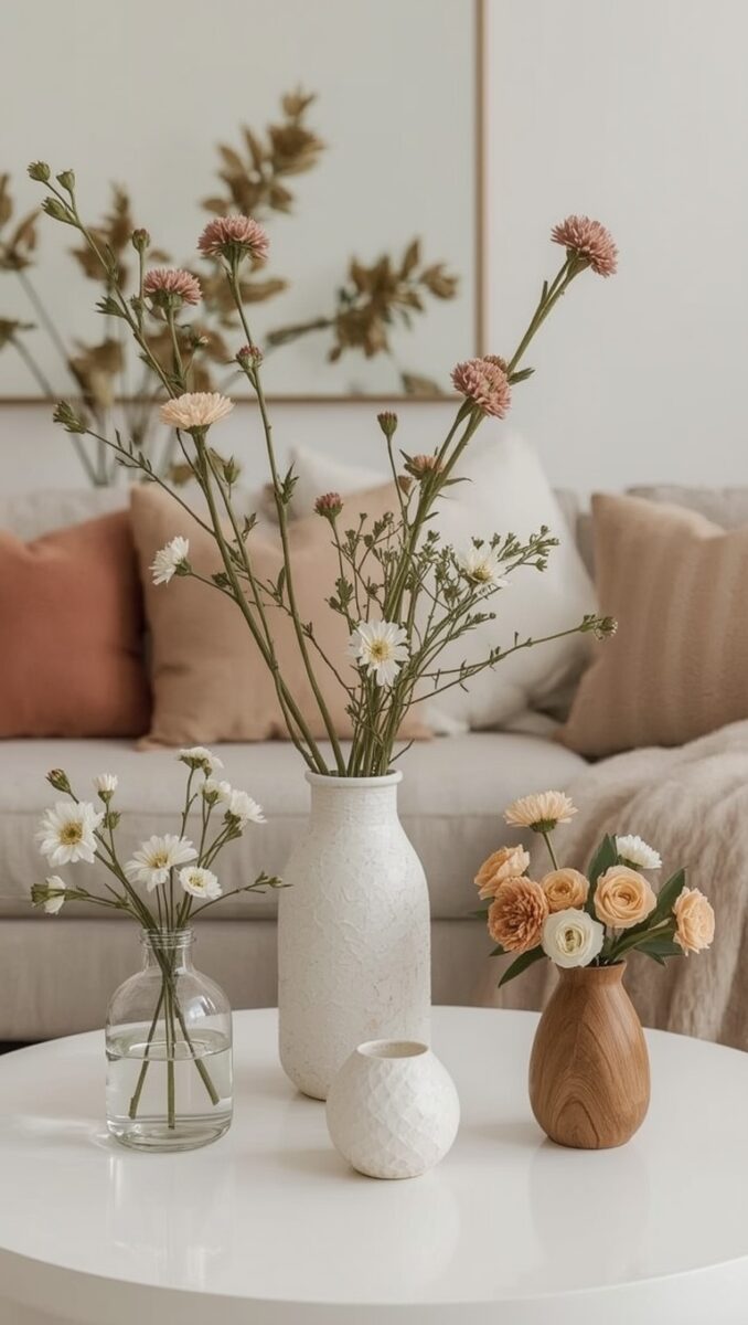 Three decorative vases with wildflowers and roses on a white round coffee table in a neutral living room