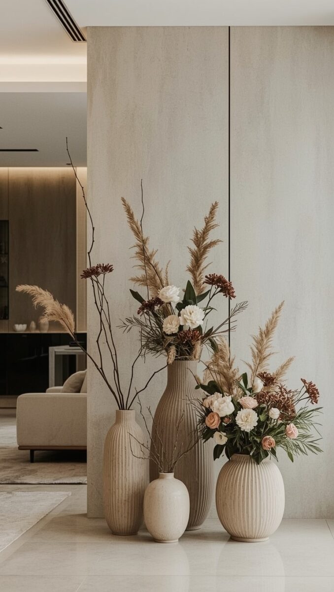 Four beige ribbed ceramic vases with pampas grass, dried branches, white carnations, and pink roses in a modern interior