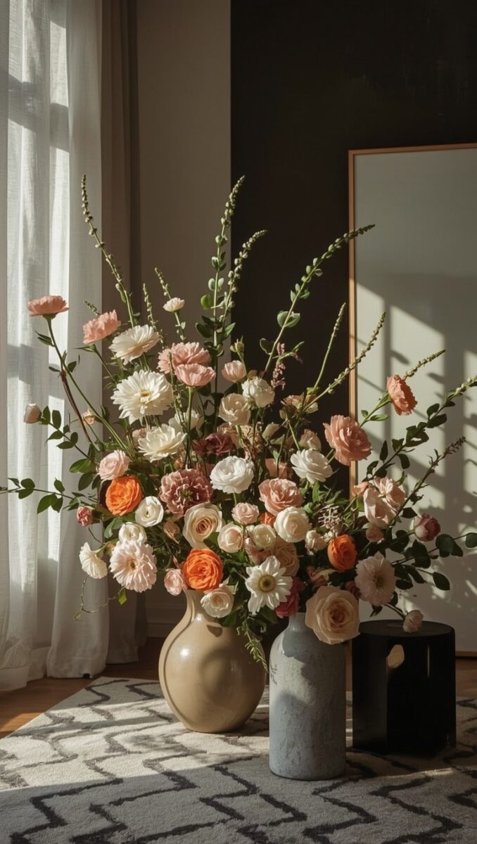 Large floral arrangement with pink, white, and orange roses in a beige ceramic vase beside a gray stone vase