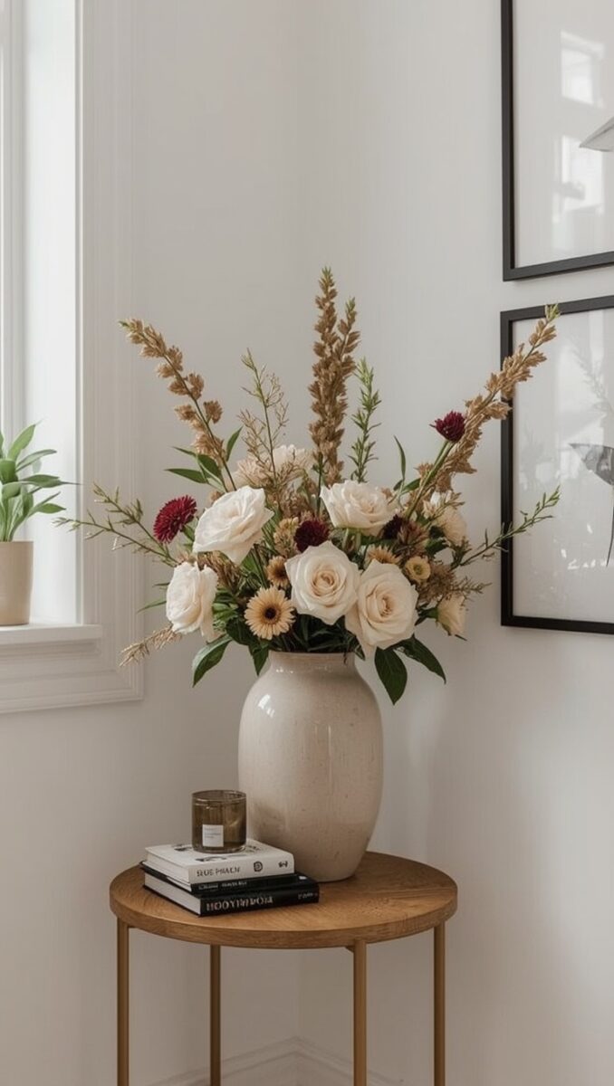 Cream ceramic vase with white roses, burgundy dahlias, and dried pampas grass on a round wooden side table