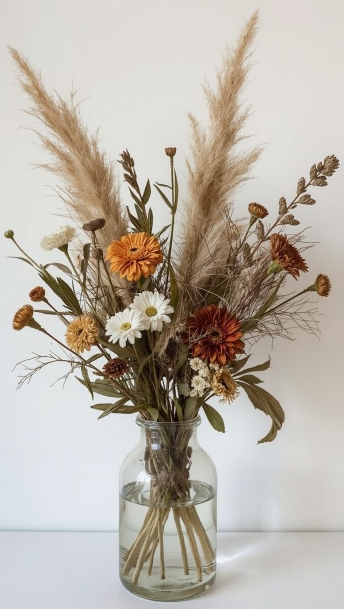 Rustic autumn floral arrangement with pampas grass, orange gerberas, white daisies, and burgundy flowers in a clear glass vase