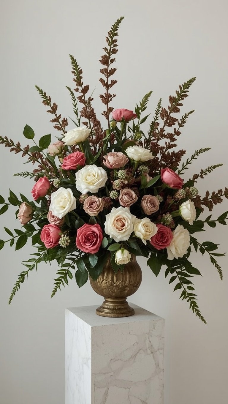 Elegant floral arrangement with pink, mauve, and white roses in a gold urn vase on a marble pedestal