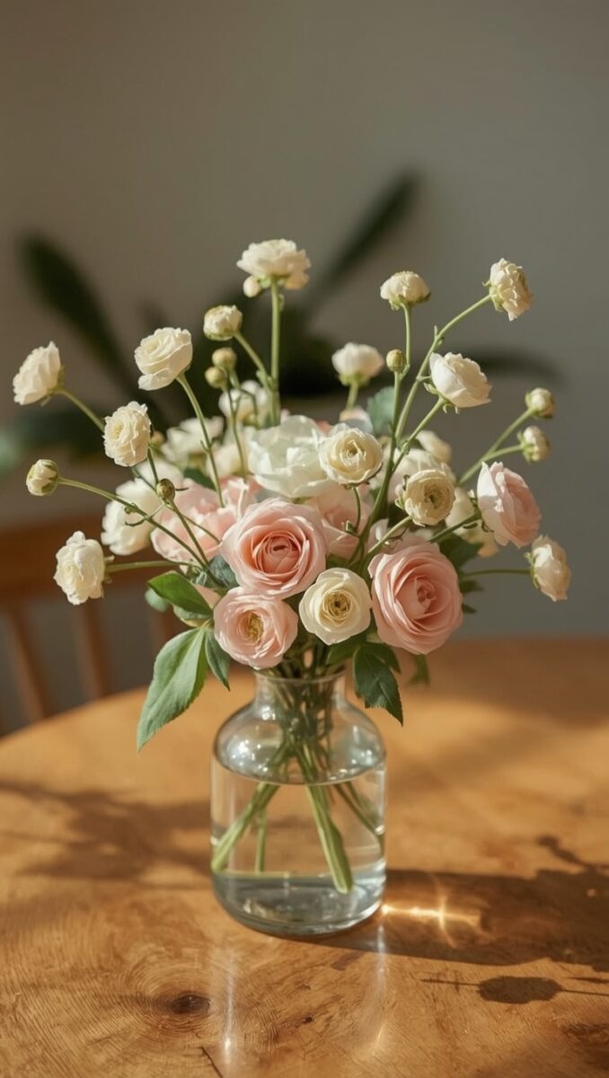 Glass vase with pink roses and white ranunculus bouquet on a wooden table in soft natural light