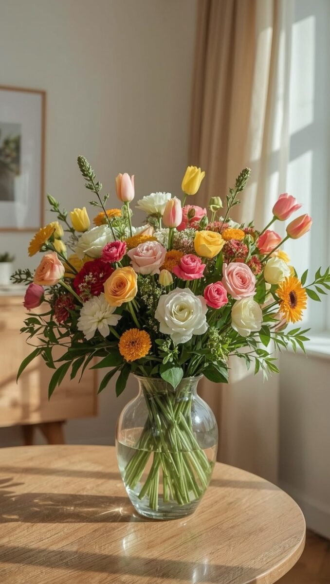 Colorful mixed flower bouquet with roses, tulips, and gerberas in a clear glass vase on a wooden table