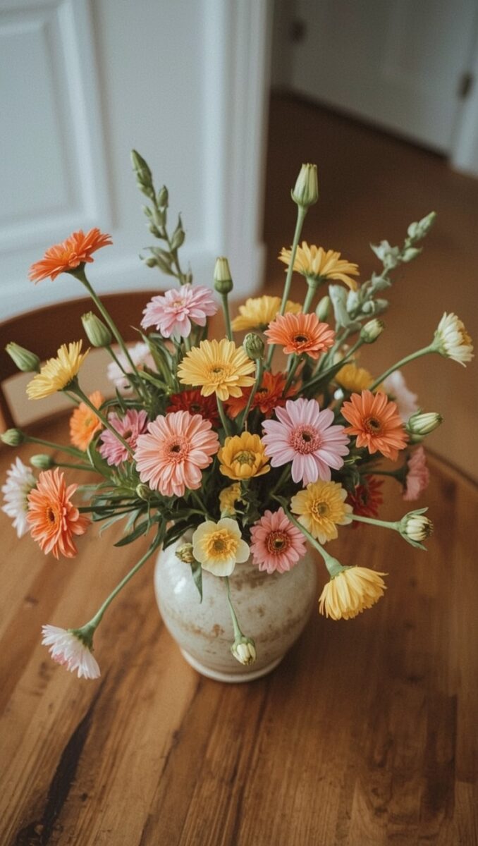 Colorful gerbera daisy bouquet in rustic ceramic vase on wooden table with orange, pink, yellow, and white flowers
