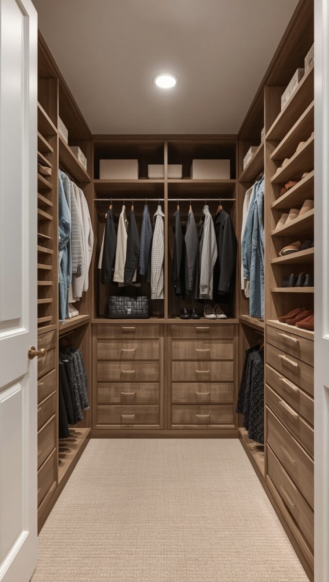 Elegant walk-in closet with warm wood shelving, hanging clothes, shoe storage, and built-in drawers