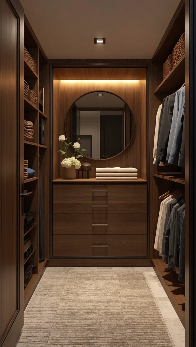 Luxury walk-in closet with dark walnut wood shelving, round mirror, chest of drawers, and organized hanging clothes