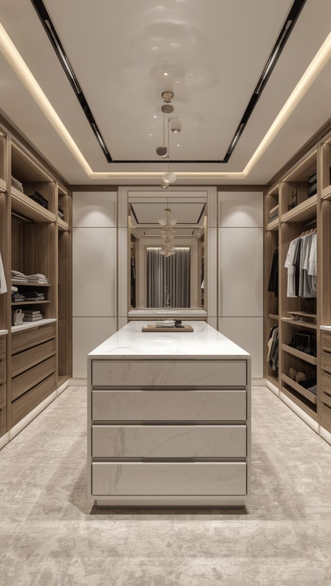 Luxury walk-in closet with marble-top center island, wooden shelving units, and elegant pendant lighting