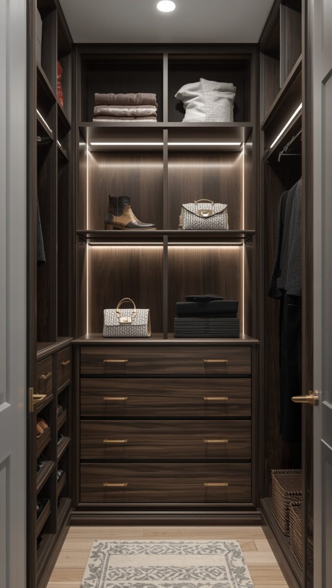 Luxury walk-in closet with dark walnut wood shelving, LED lighting, drawers, shoes, handbags, and folded clothes