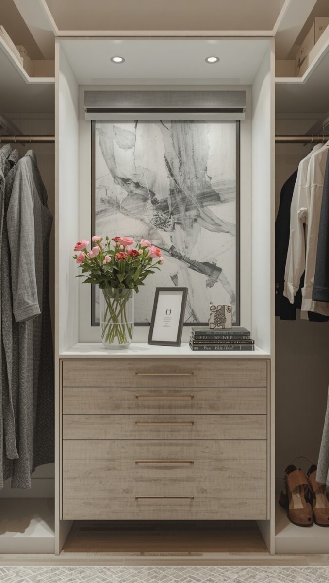 Elegant walk-in closet with wood dresser, pink flowers, abstract art, and organized hanging clothes on both sides