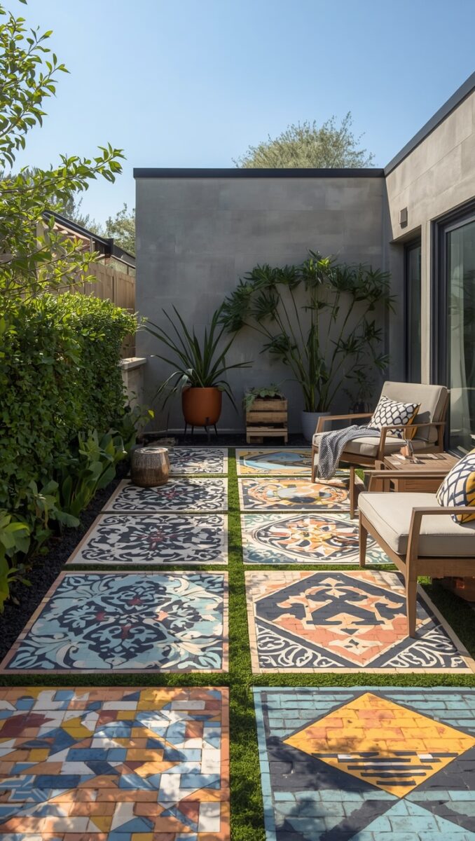 Colorful mosaic tile patio with wooden outdoor furniture, lush greenery, and potted plants against a modern gray wall
