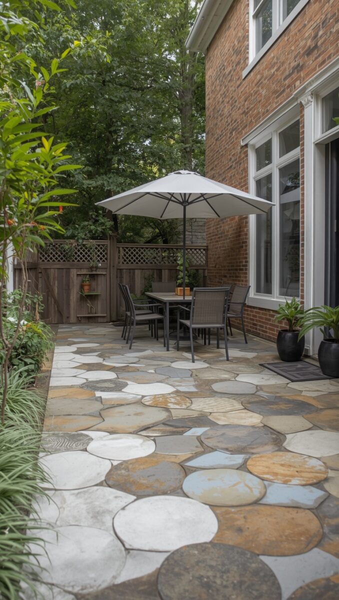 Flagstone patio with round stones, outdoor dining set, white umbrella, and brick house surrounded by lush greenery