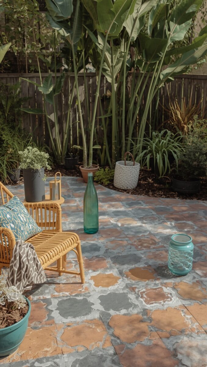Bohemian outdoor patio with mosaic terracotta tiles, yellow rattan bench, teal glass bottles, and lush tropical plants